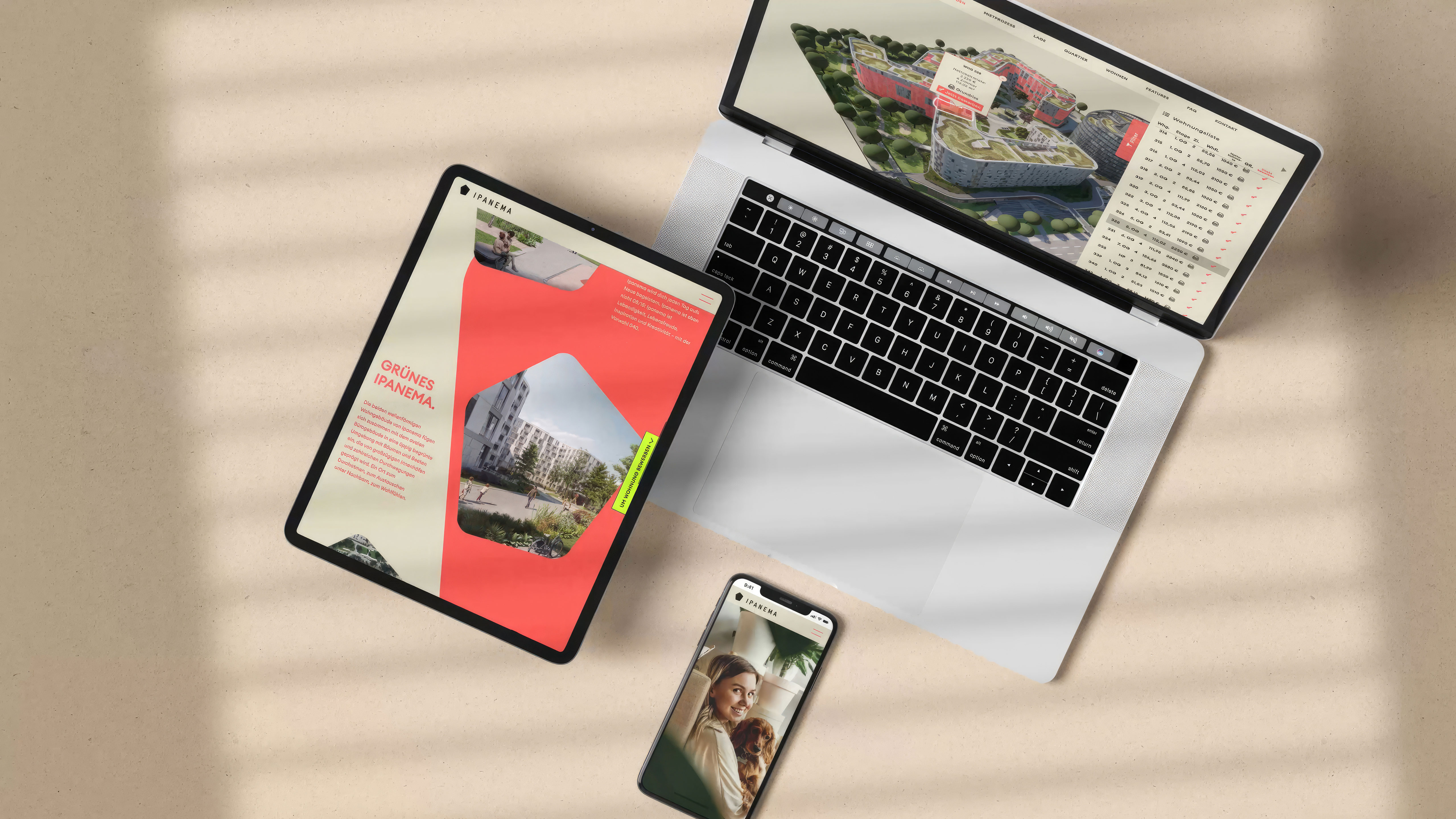 Responsives UX/UI Design des Architektur-Projekts Ipanema, von oben dargestellt auf MacBook, iPad und iPhone.