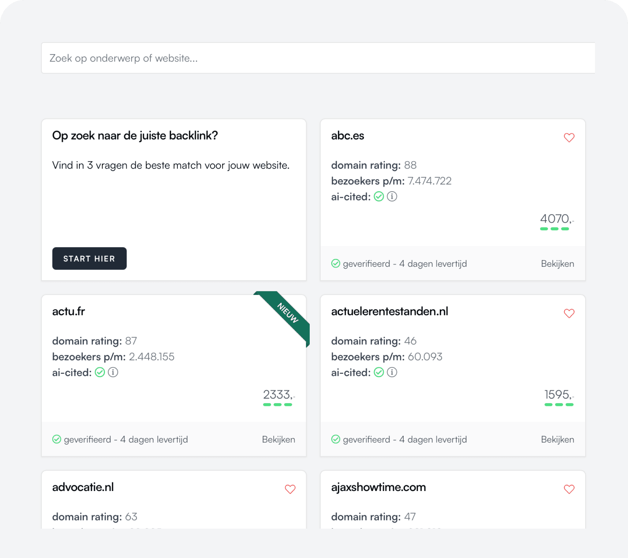 Foto van homepagina backlink platform met opties uit verschillende backlinks