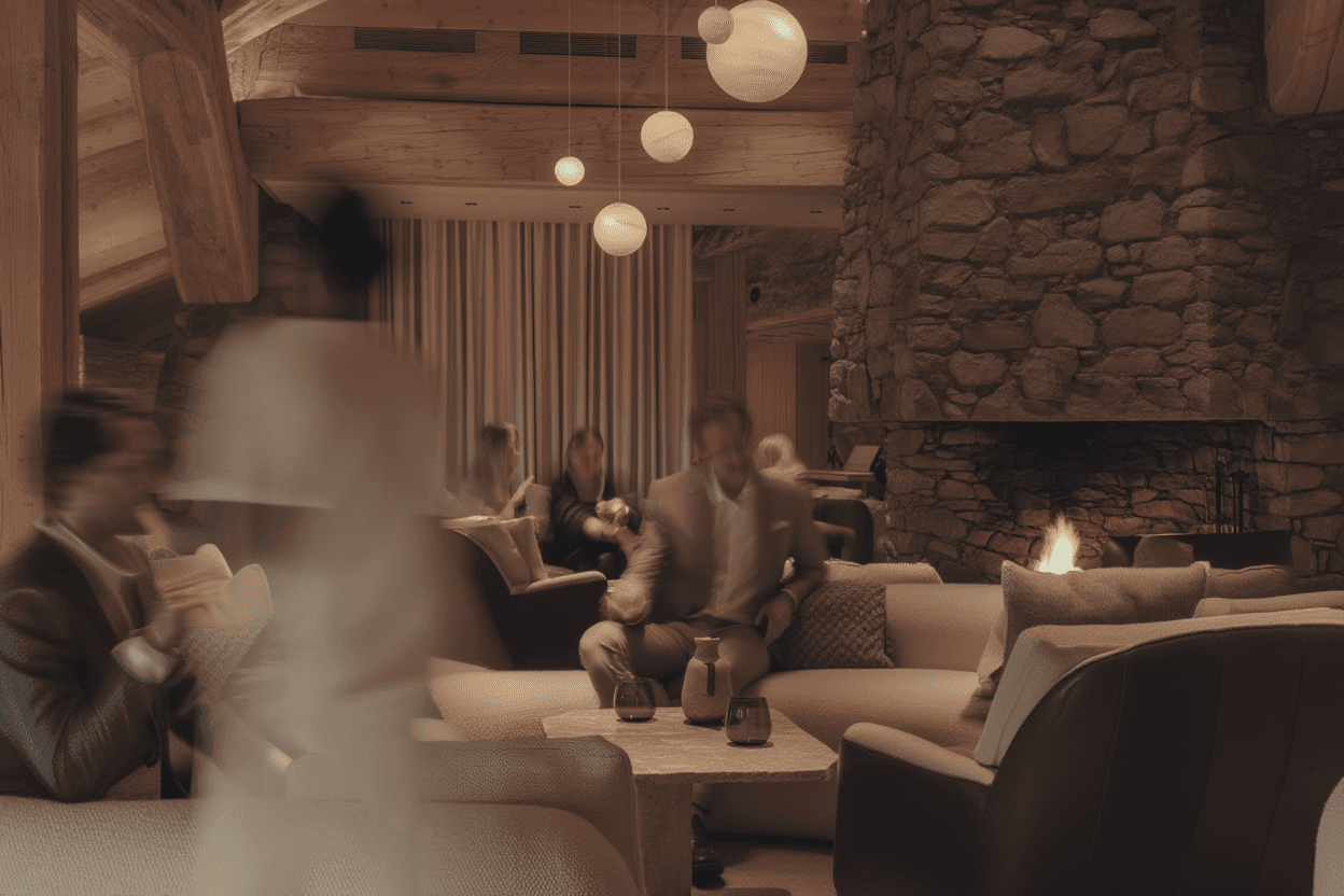 Stone fireplace lounge with guests socialising in warm lighting