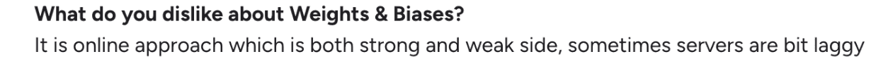 User feedback noting server latency and limitations of the online-only approach in Weights & Biases