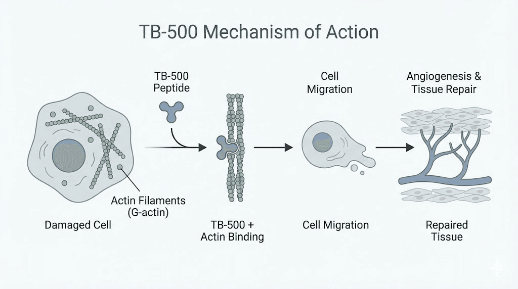TB-500 peptide mechanism showing cell migration and tissue repair