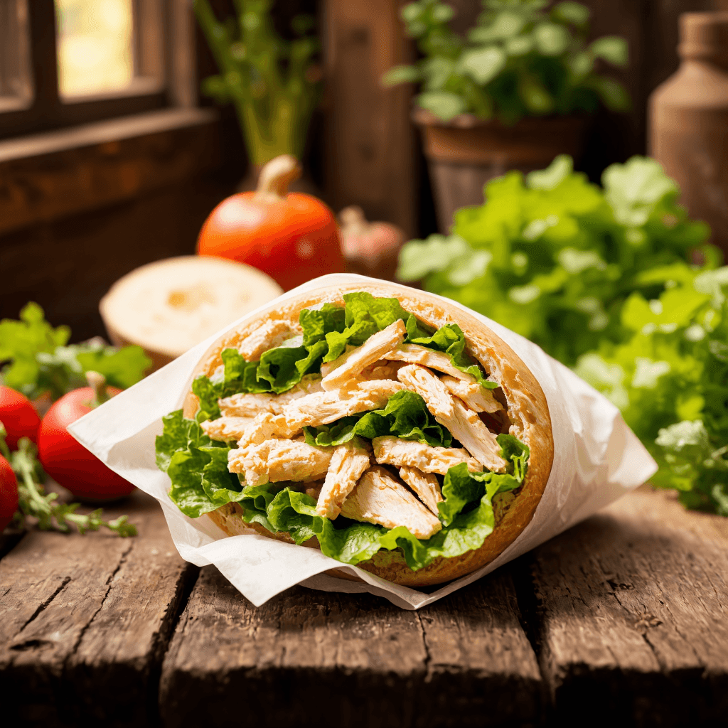product photography of a wrapped sandwich with layers of lettuce and chicken