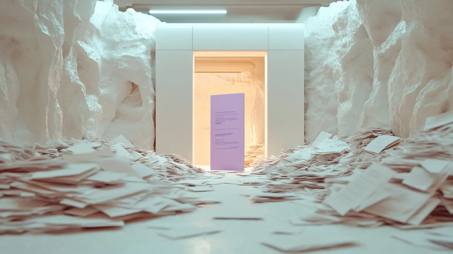 A room filled with scattered papers and a central door-like structure