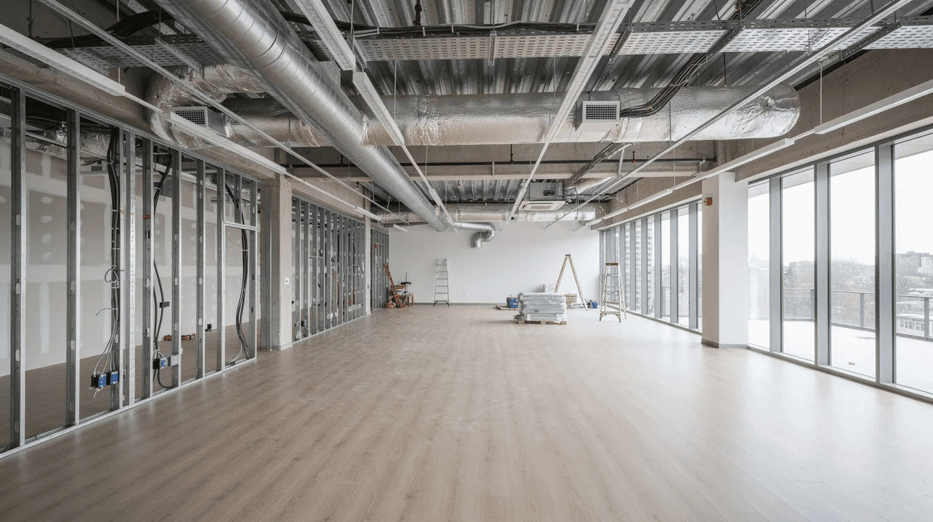 The image depicts a modern commercial interior space currently under construction, showcasing exposed ceiling ducts and freshly installed flooring. This setting highlights the ongoing construction process managed by professional general contractors, emphasizing high-quality workmanship and the use of premium materials.
