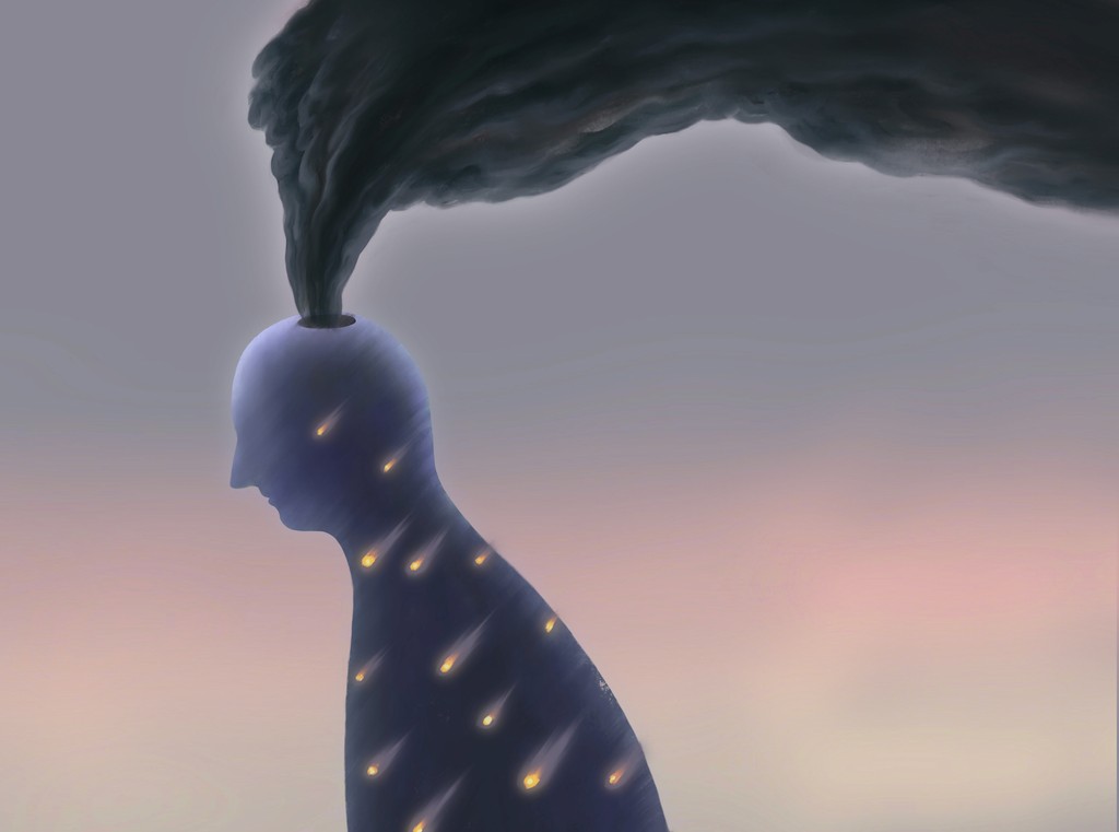 A surreal artwork depicts a human silhouette with dark smoke billowing from its head and small glowing lights within its body, symbolizing the struggle with inner turmoil and mental health challenges.