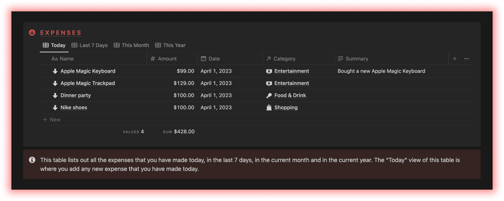 Manage expenses using Notion