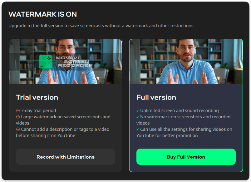 Movavi's free trial popup CTA