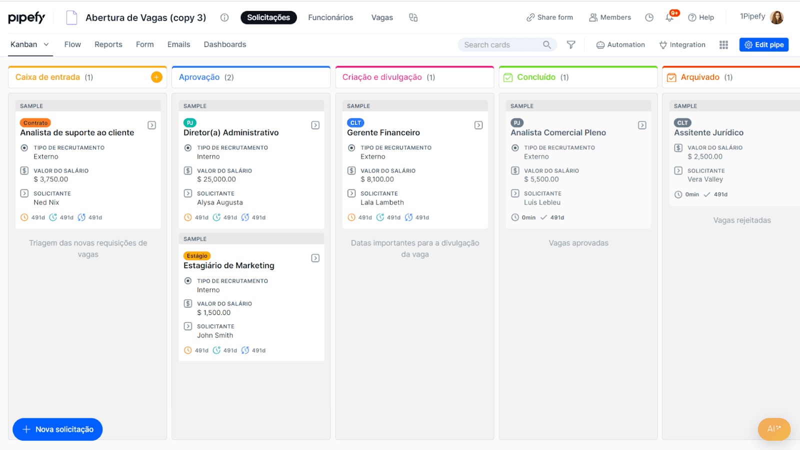 A screenshot of Pipefy