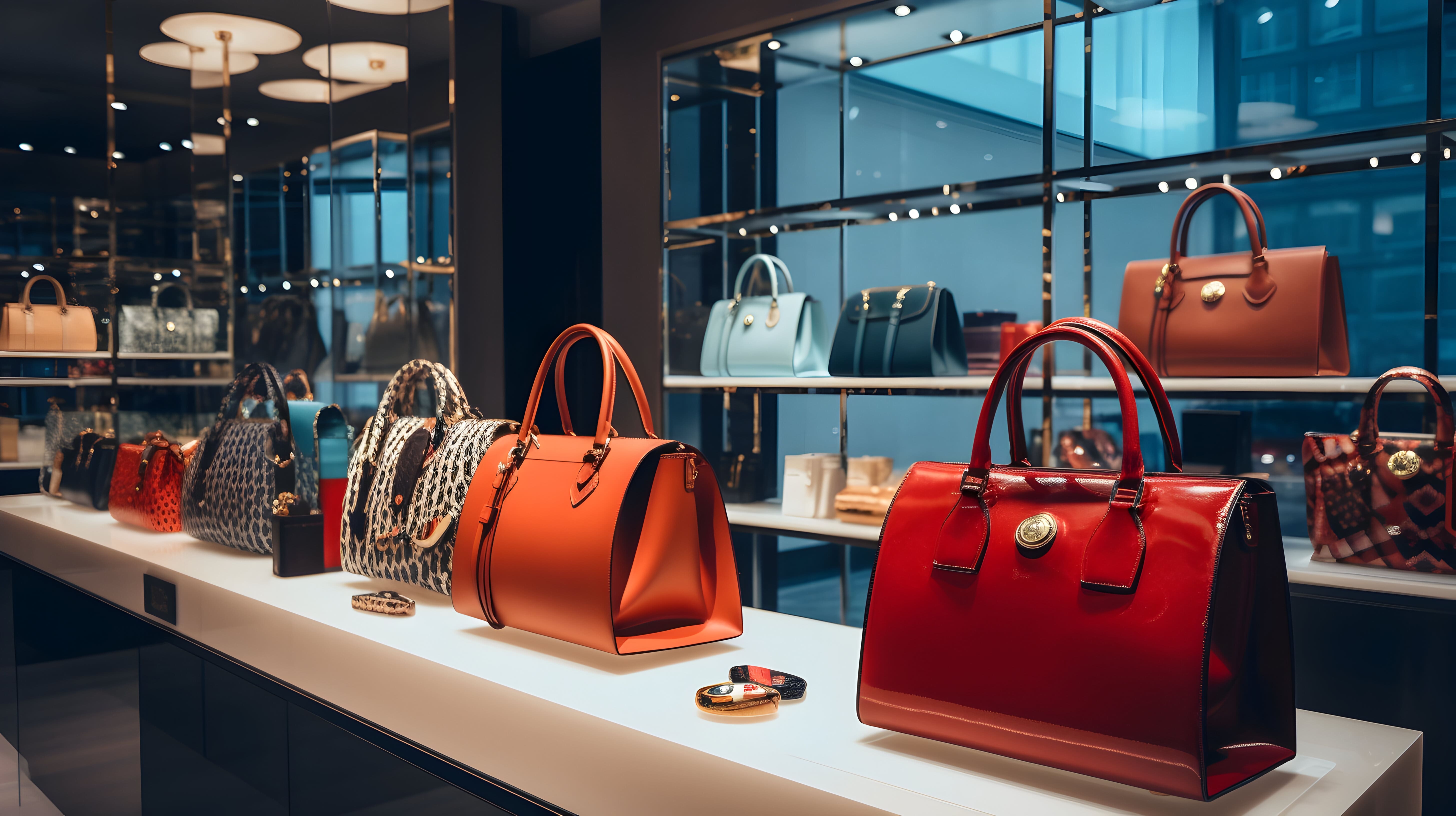 MW Interior Einzelhandelseinrichtung – exklusives Taschengeschäft mit hochwertiger Schaufenstergestaltung und Luxus-Accessoires