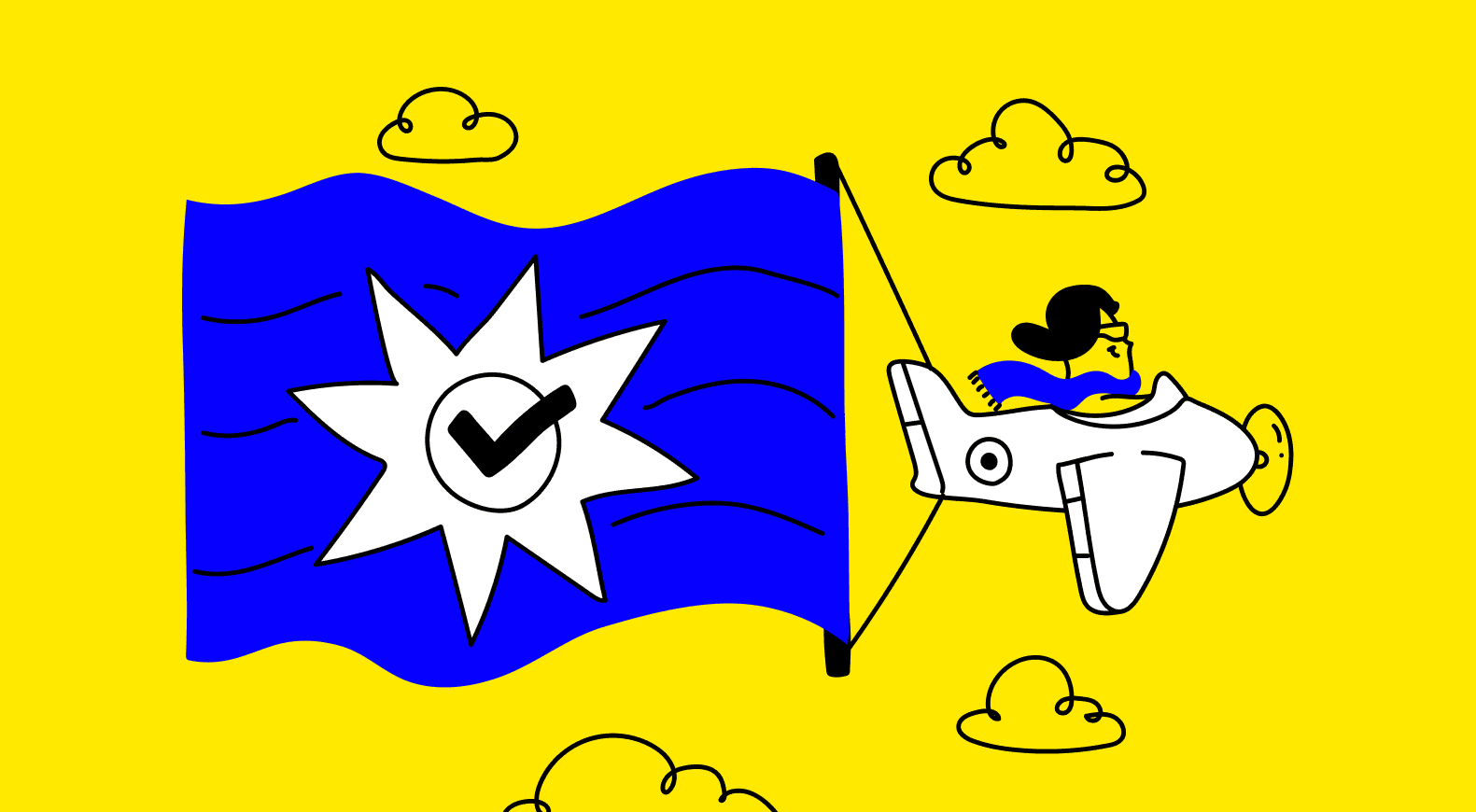 Pessoa em um avião com uma bandeira azul estrelada, representando o objetivo de criar um portfólio que alce voos na carreira de UX.