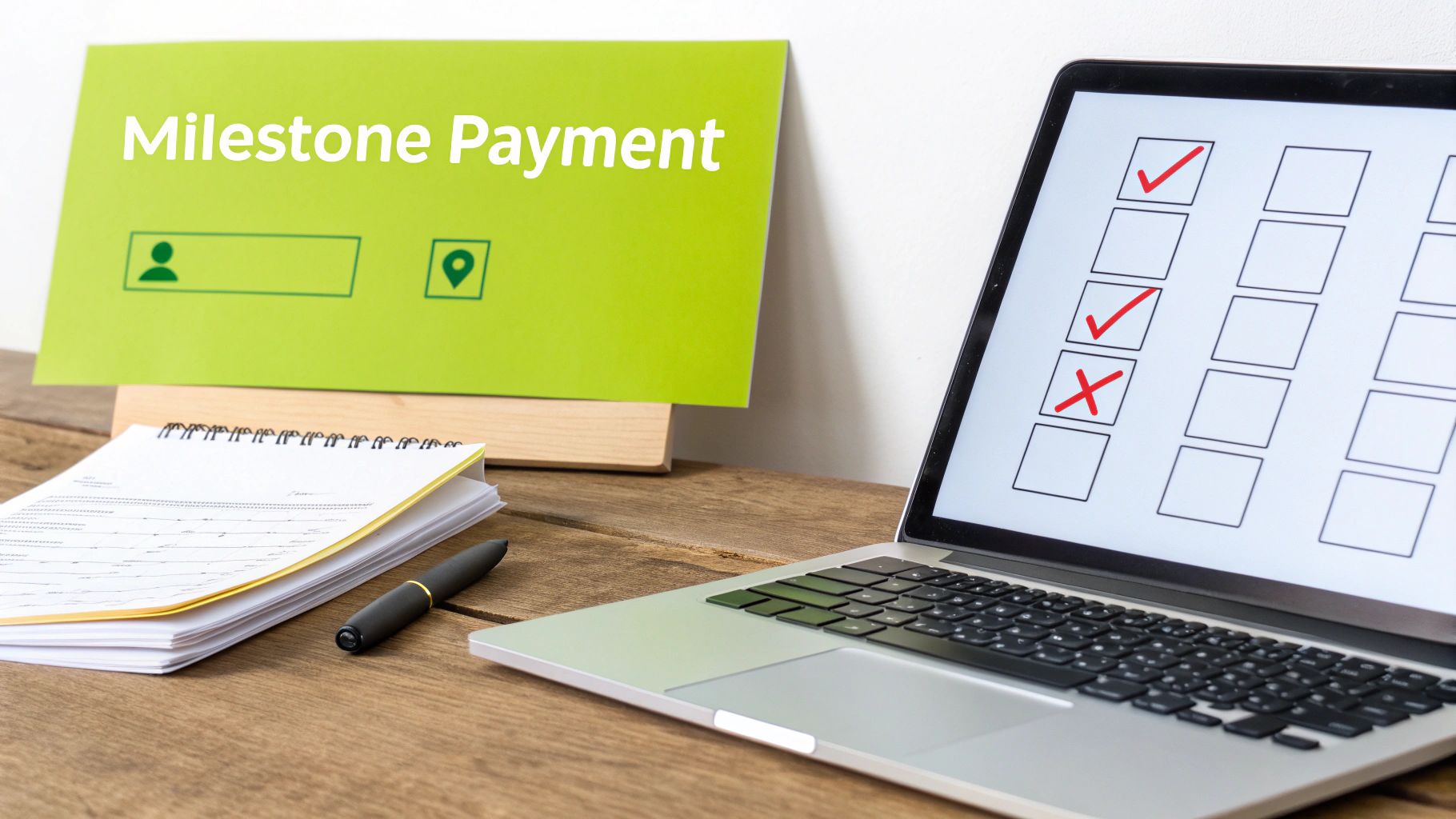 A laptop displays a checklist, next to a green sign reading 'Milestone Payment' on a wooden desk.
