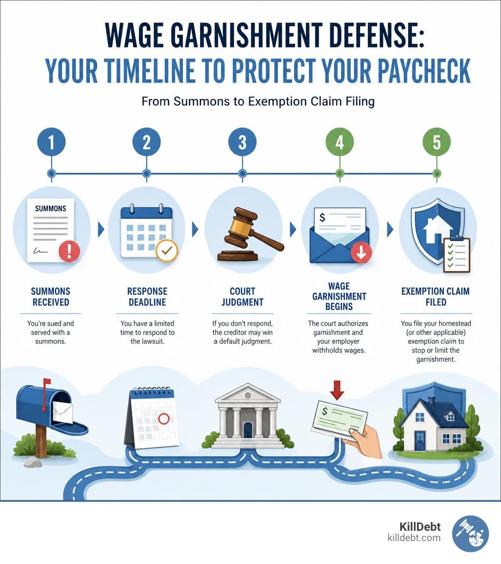 Timeline infographic showing wage garnishment defense steps from summons to exemption claim filing infographic