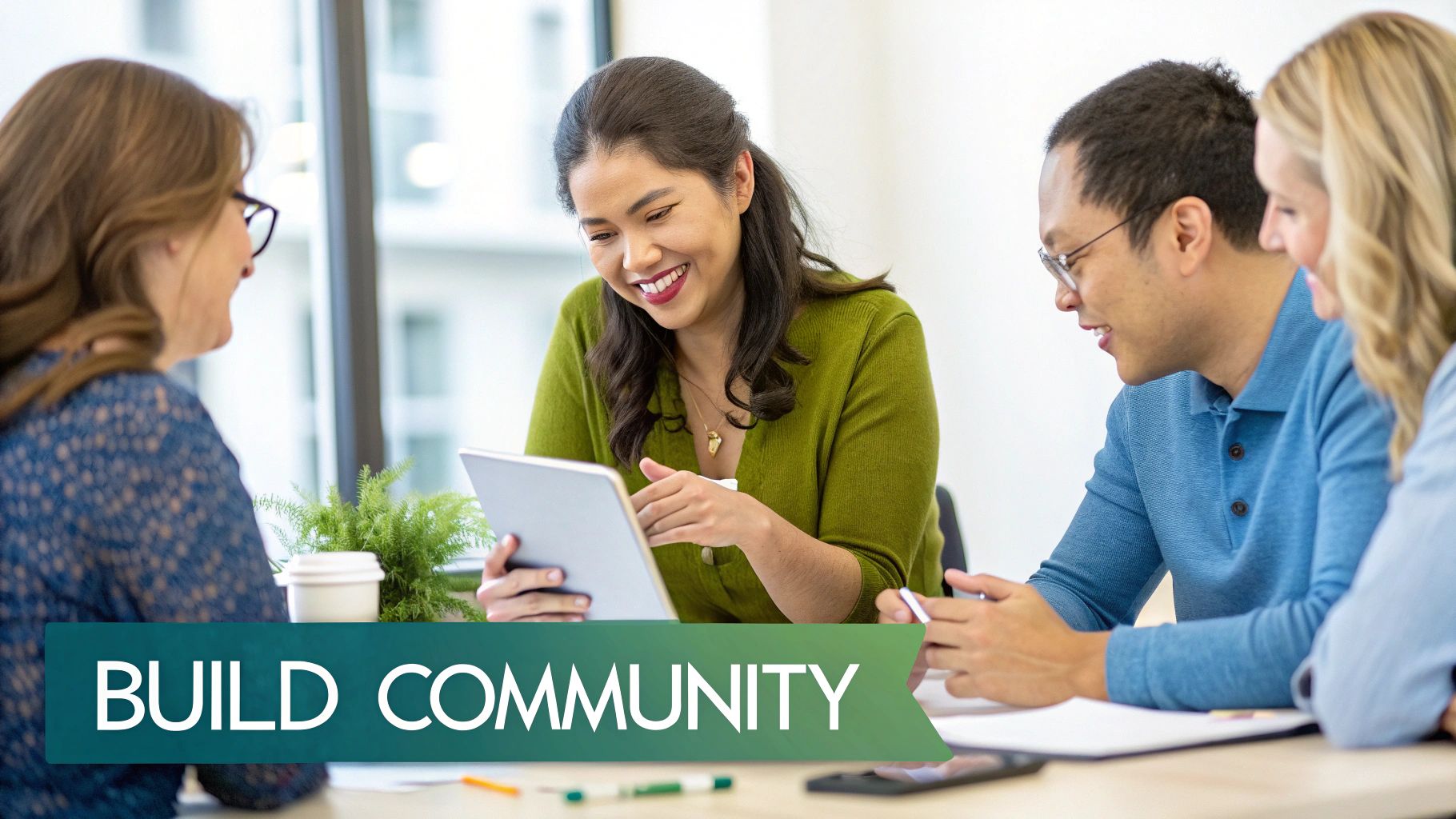 Diverse group of colleagues collaborating and smiling while looking at a tablet during a meeting.
