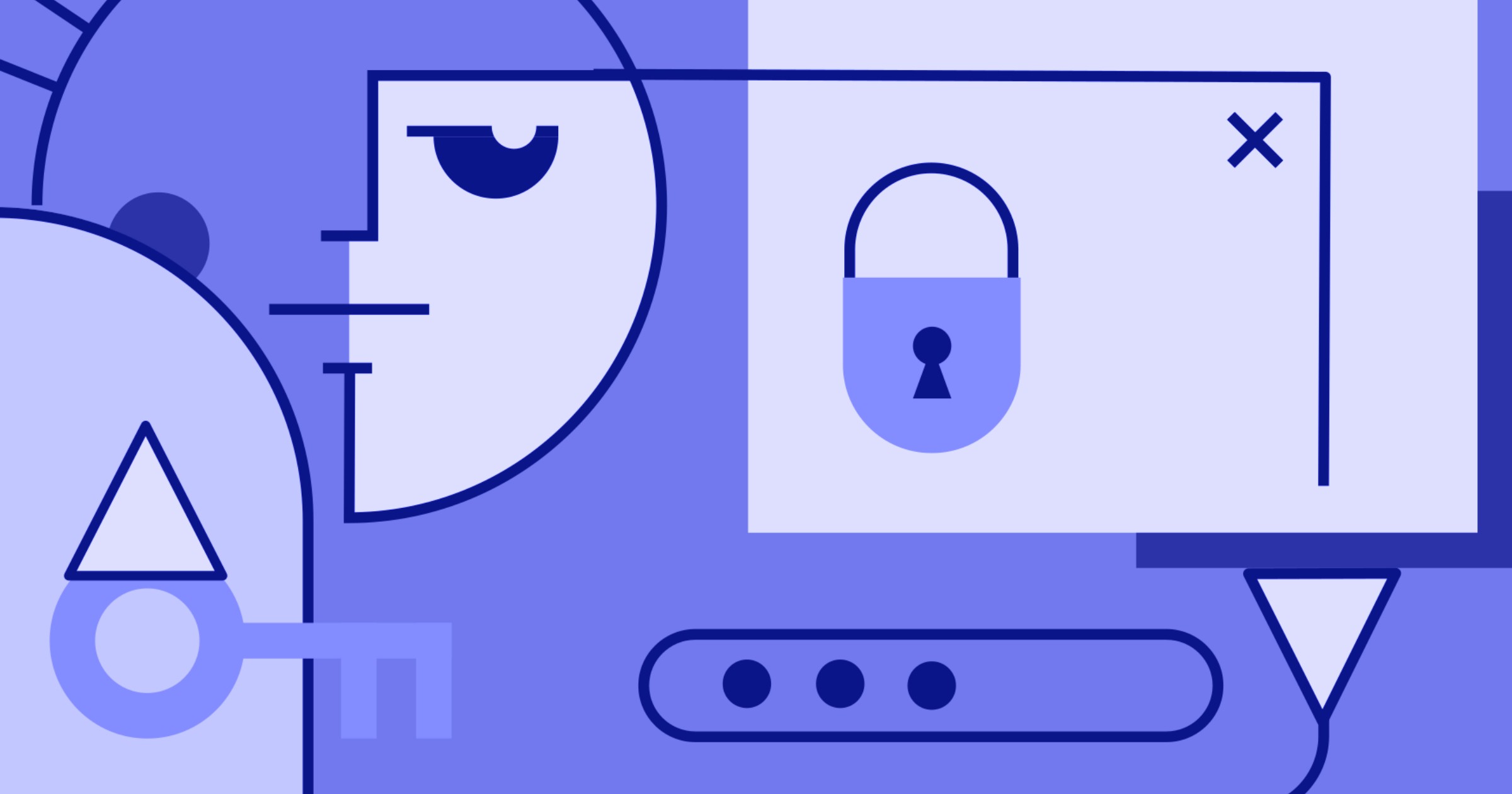 Abstract illustration of a face, key, and padlock, representing digital security and identity verification. The design uses geometric shapes in shades of blue and purple to symbolize authentication, access control, and secure screening processes.