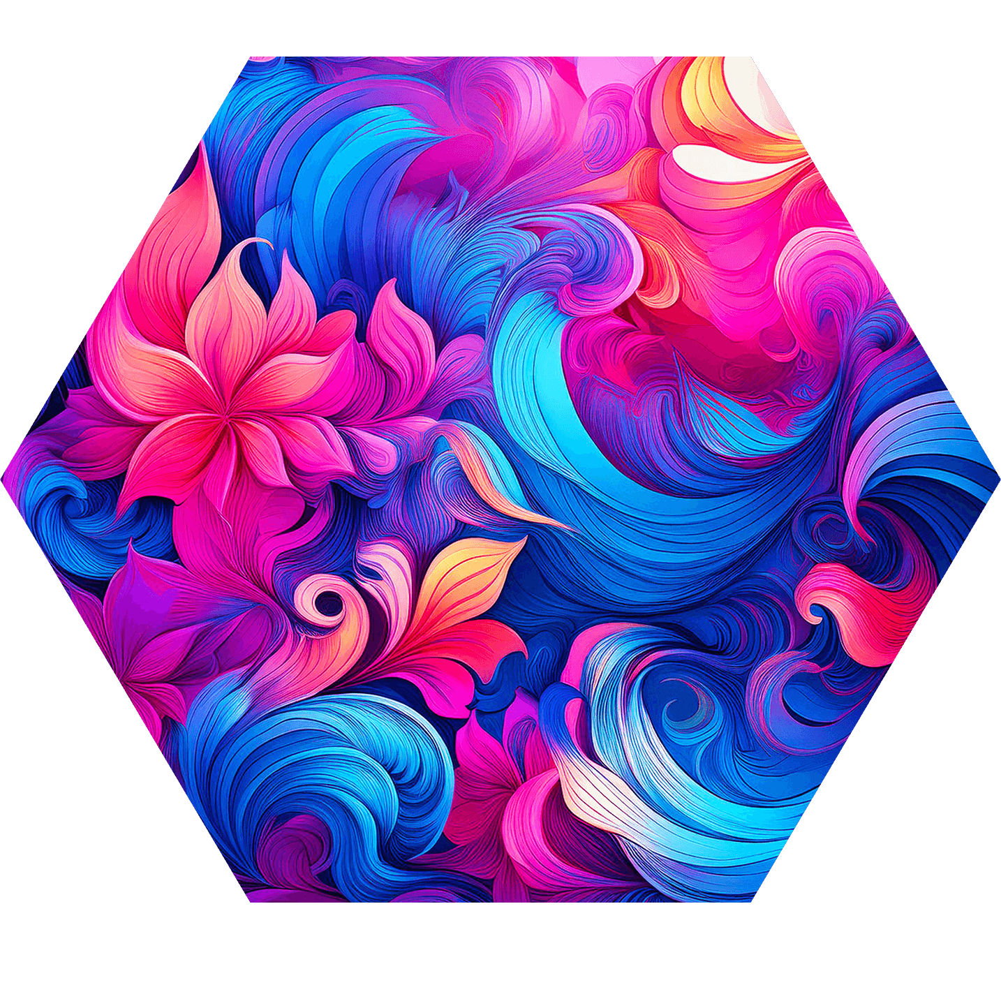 An AI-generated abstract painting featuring flowers and wavy patterns.