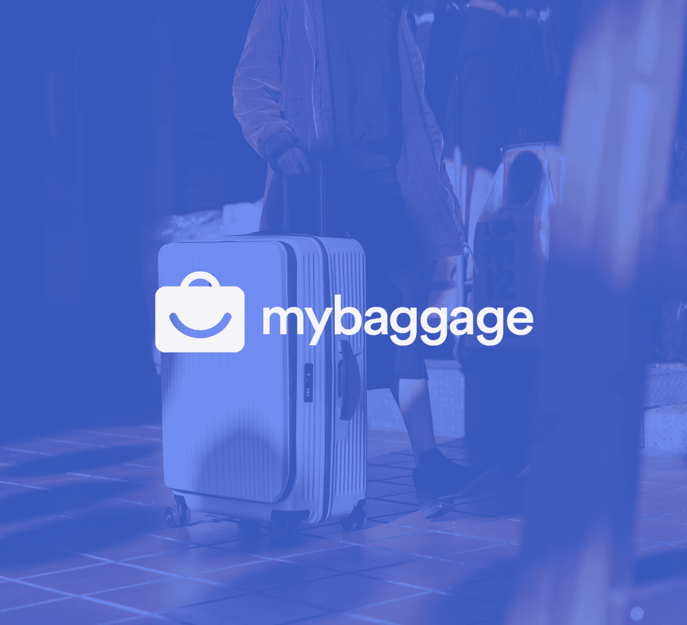 Person pulling a suitcase through a station, tinted blue with the My Baggage logo.