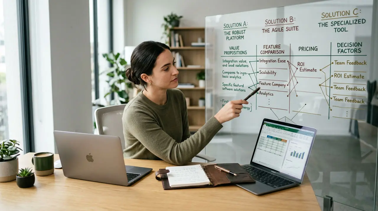 Diagrama comparativo de soluciones digitales utilizado para evaluar opciones en la fase de consideración.