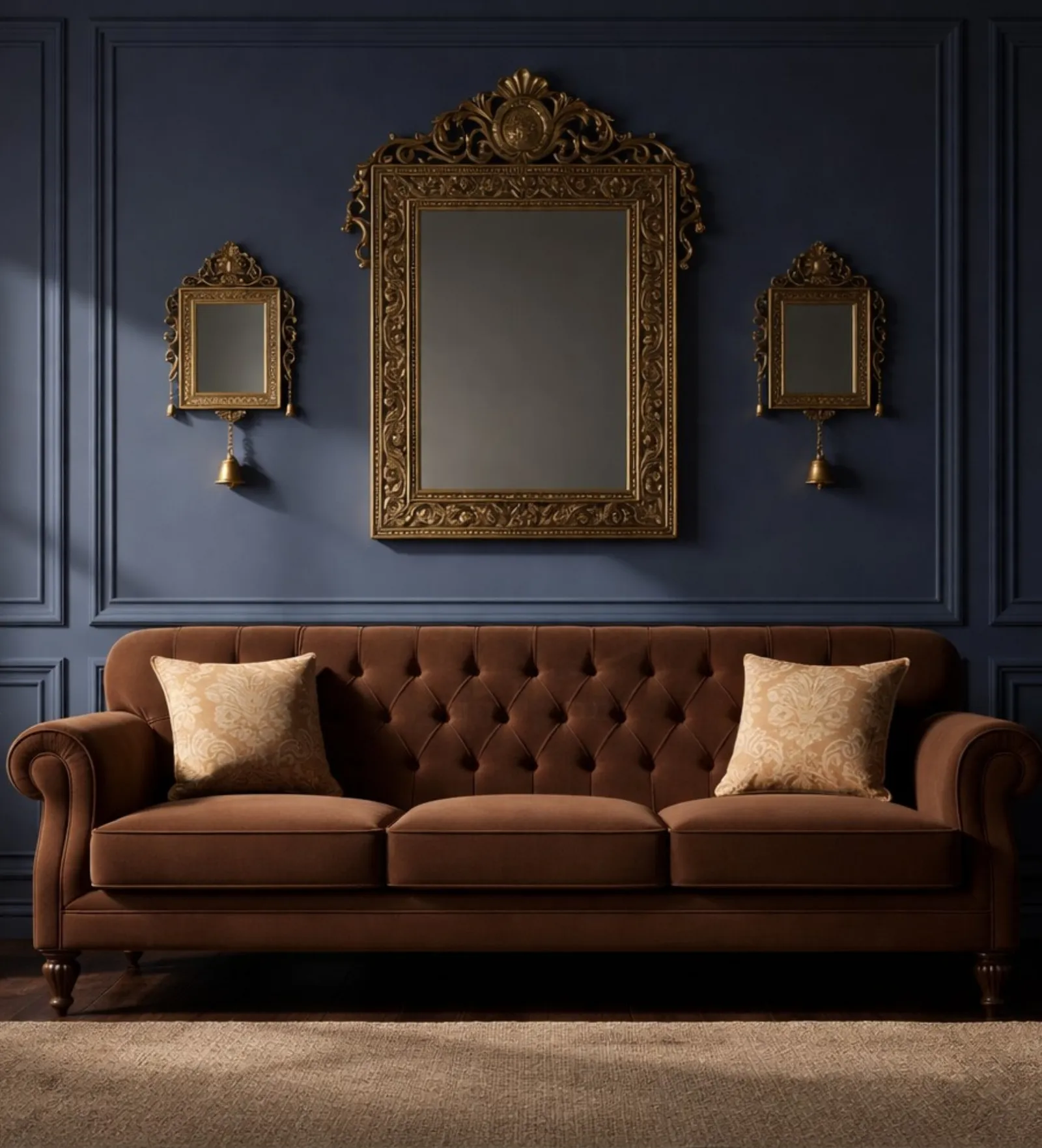 Luxury custom furniture showcased through a classic tufted three‑seater sofa in an elegant living room setting
