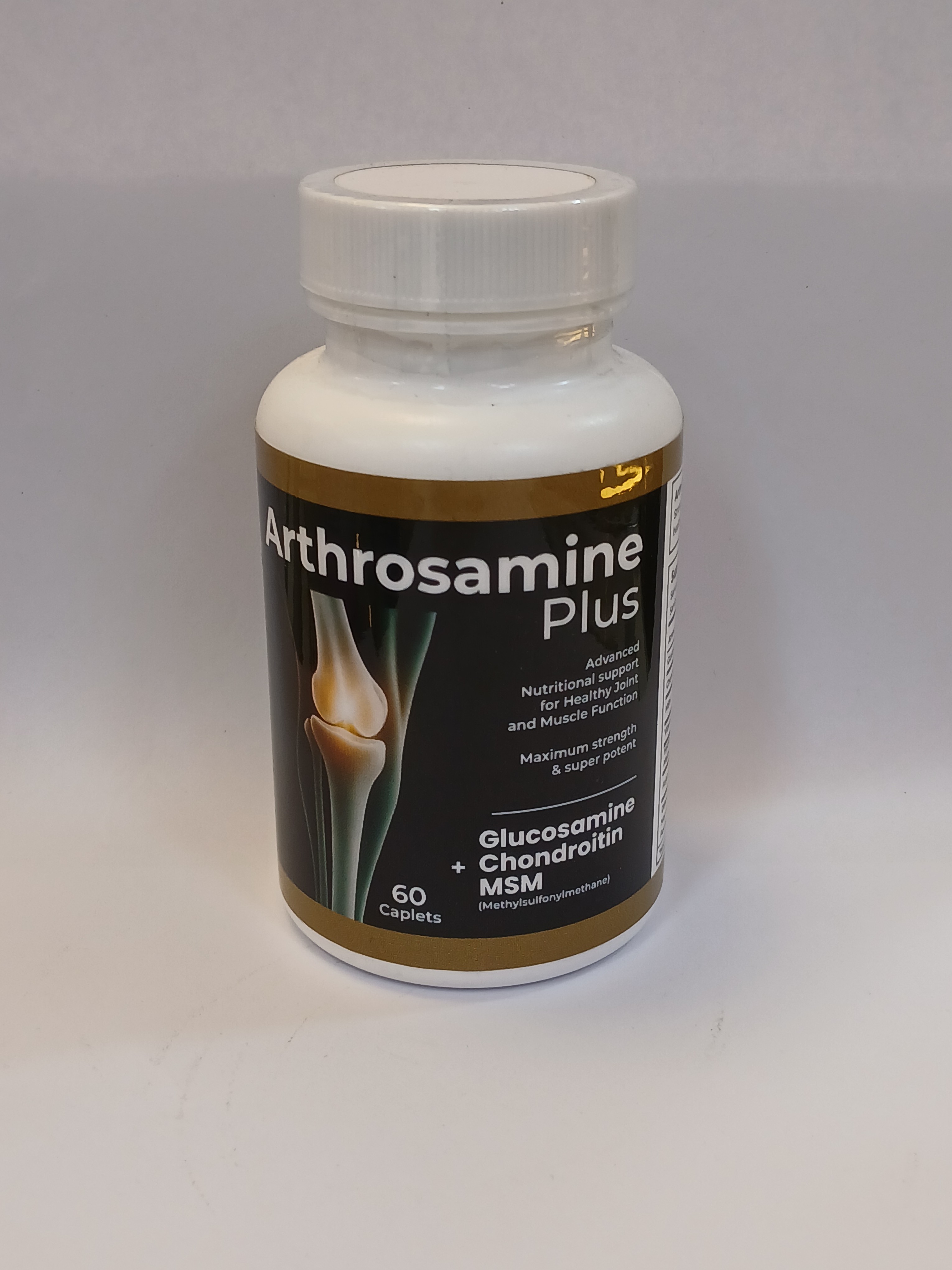 A white plastic bottle with a white cap containing sixty capsules, featuring a black and gold label with an illustration of a knee joint and text.