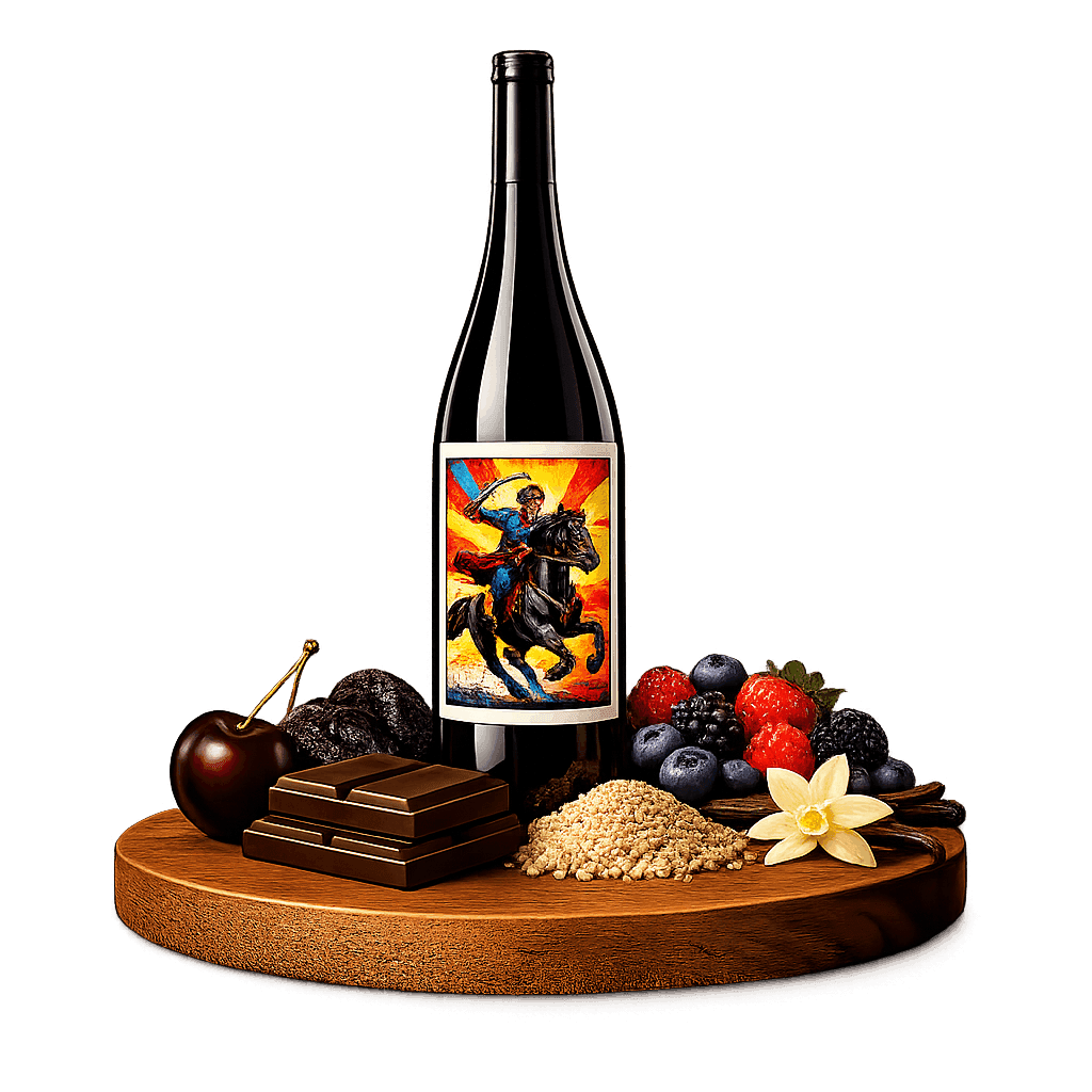 Artistic label and flavor profile for Don Valley Tsimlyansky on a rustic wooden table.