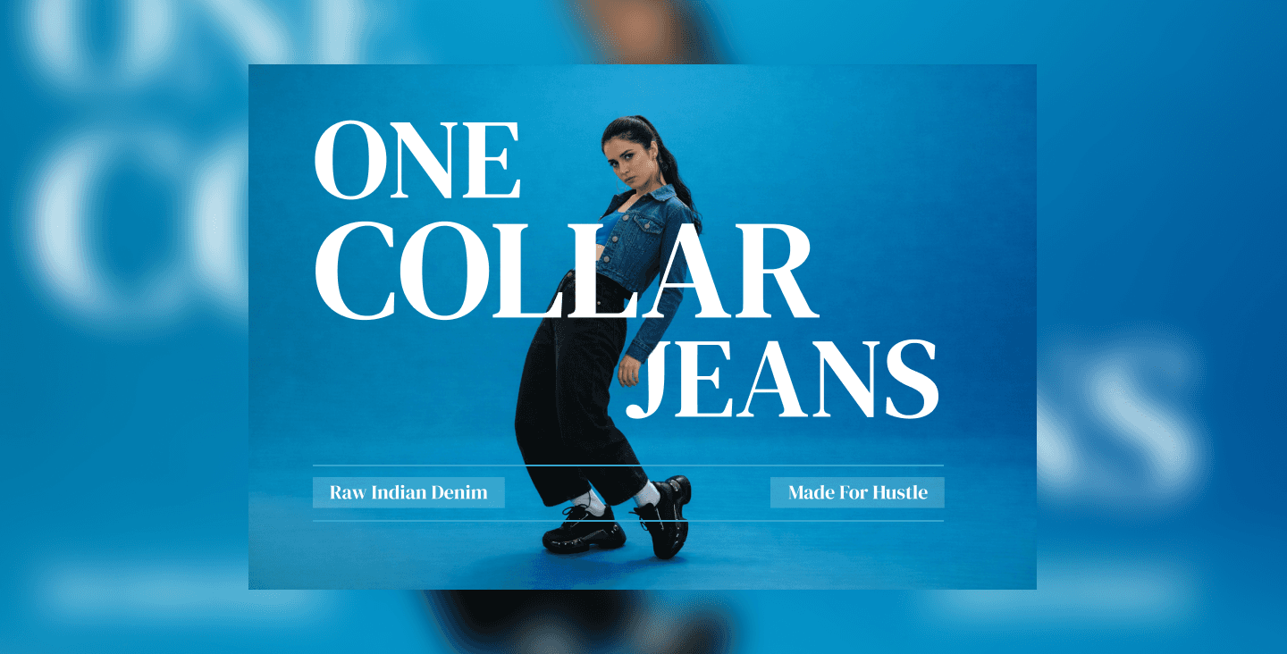 Woman in denim outfit promoting One Collar Jeans on a blue background.