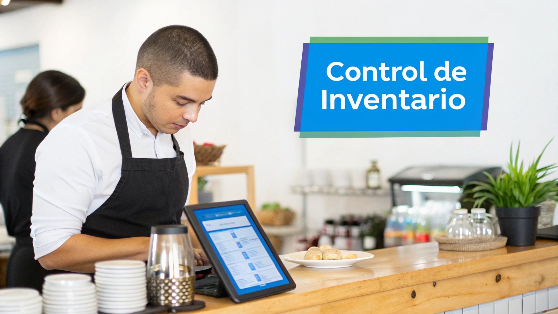 Empleado de cafetería usando una tablet para control de inventario y gestión de pedidos.