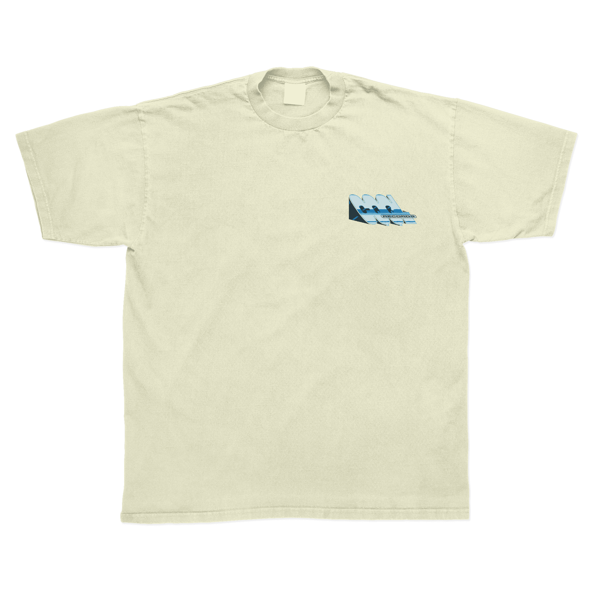 Beige t-shirt with a small CQQL Records logo graphic on the chest against a white background