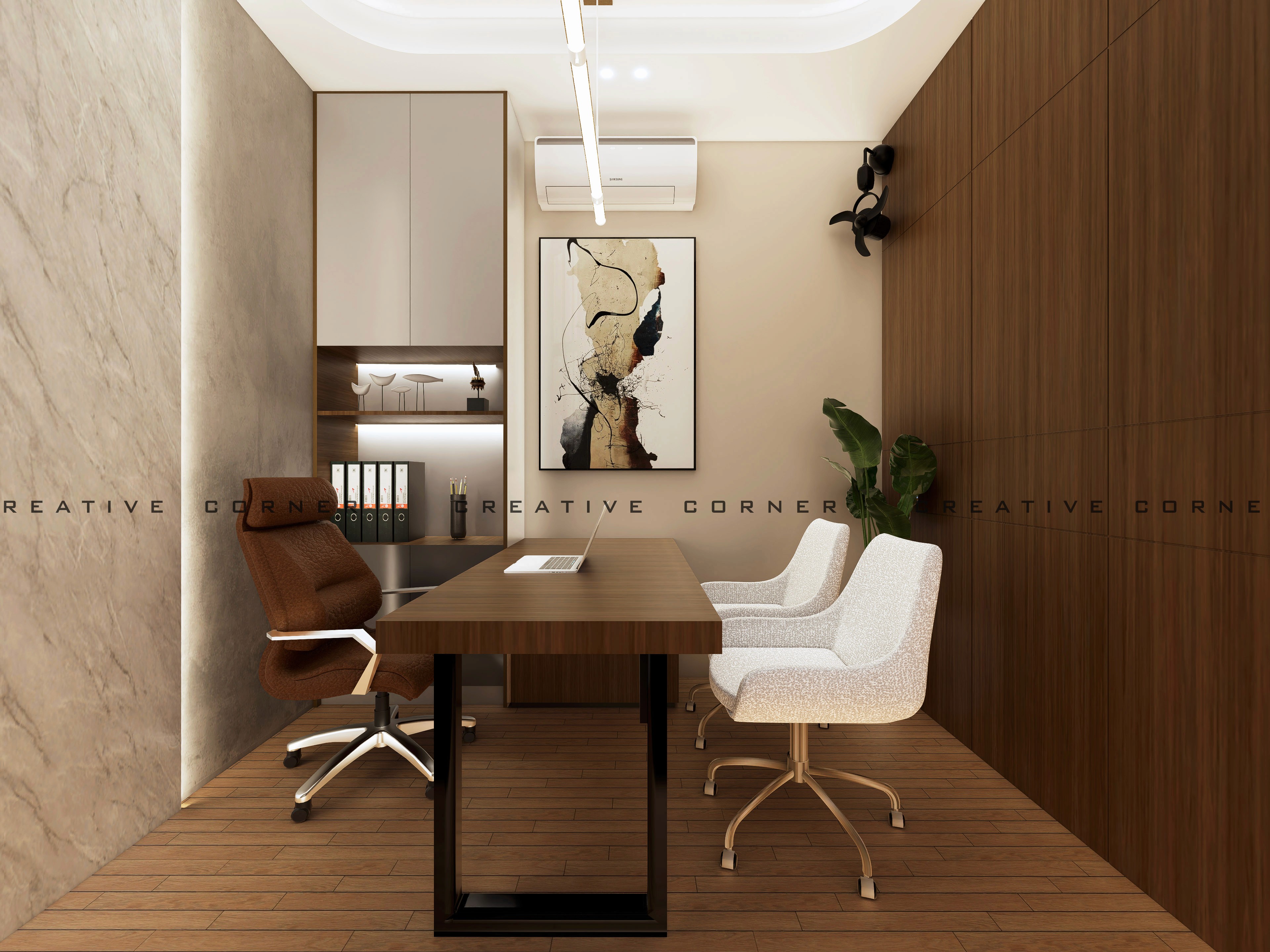 Minimalist living space featuring oak flooring, timber wall panels and panoramic windows with natural light.