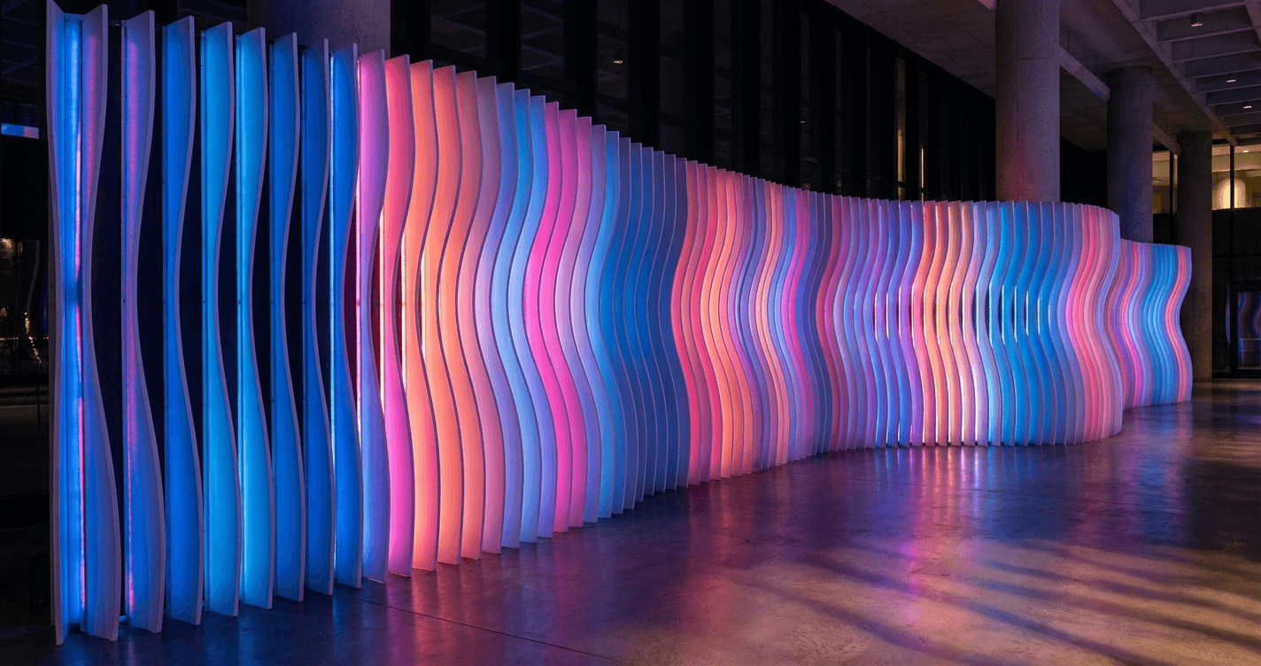 Backlit parametric rib installation with individually shaped illuminated components
