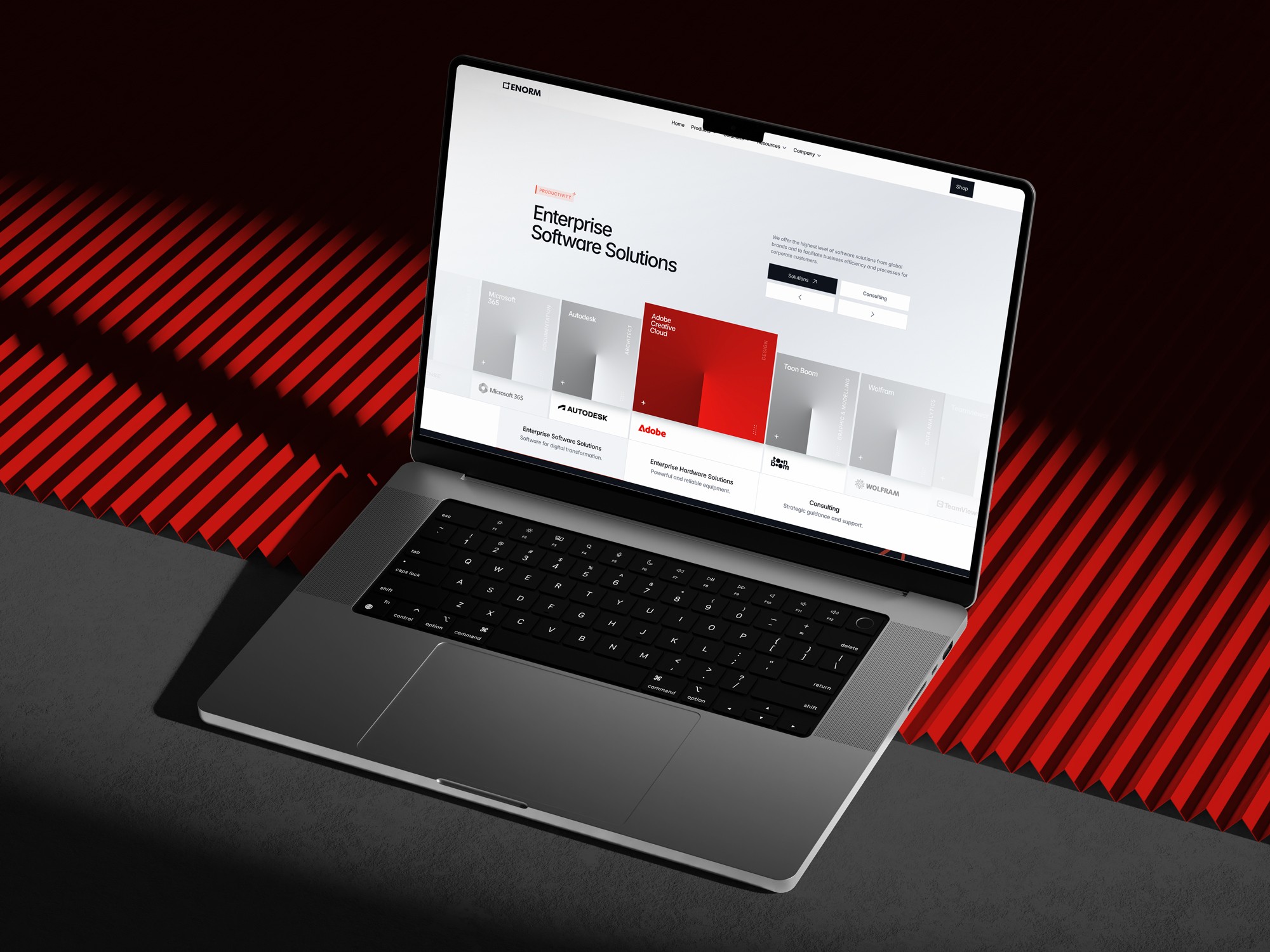 Homepage design for Enorm Technology’s enterprise software platform with minimal white layout and brand integrations
