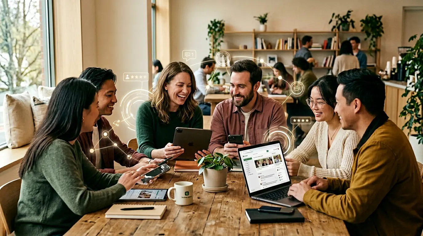 Grupo de personas interactuando y compartiendo experiencias digitales que representan comunidad y recomendación de marca.