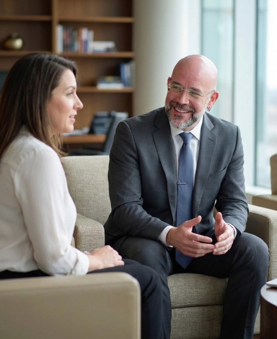 Mark Hennick sitting with a colleague discussion the Mission of the an organization
