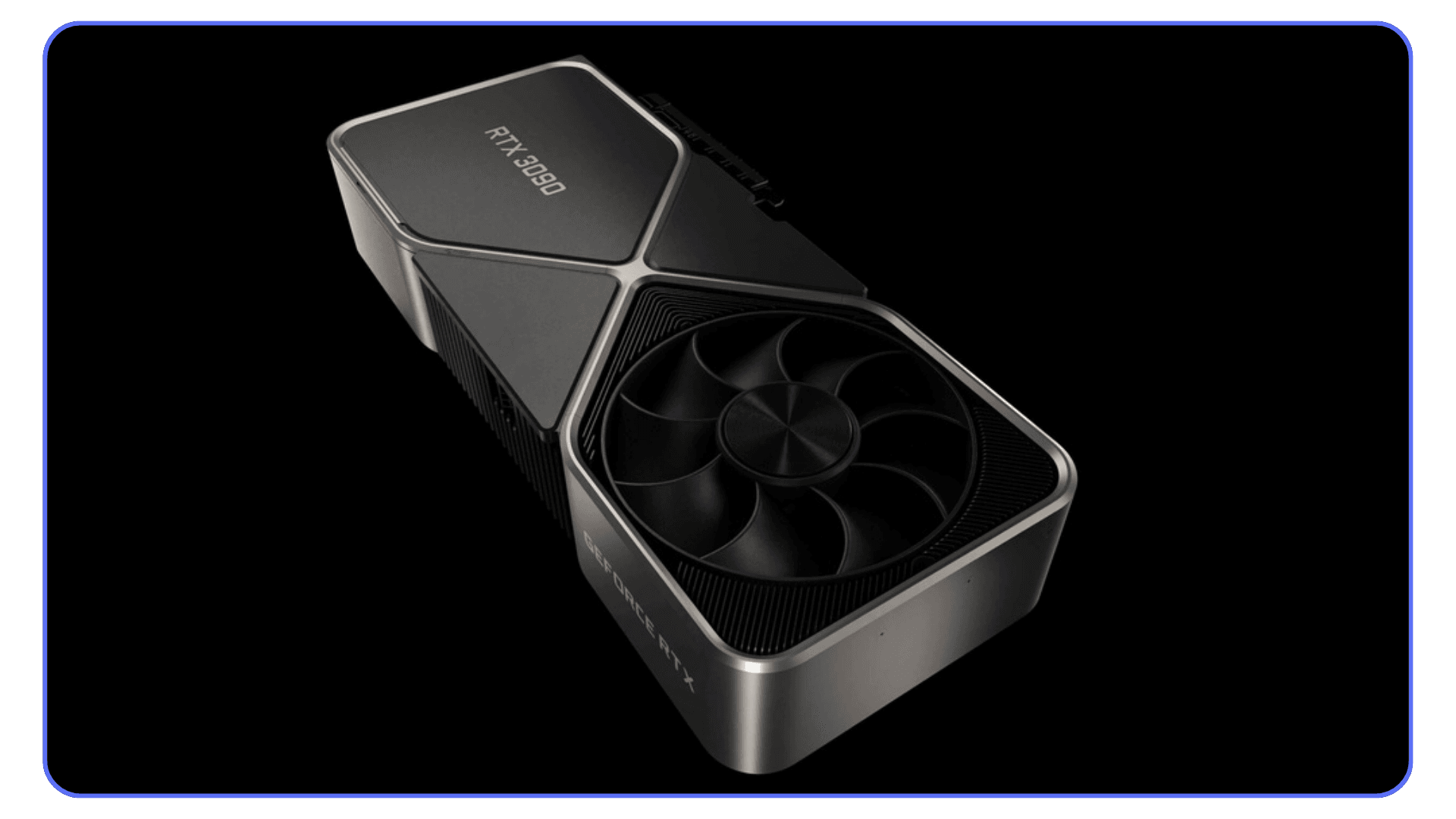 NVIDIA GeForce RTX 3090 graphics card on a black background, showing fan and cooling design with angular metallic body.