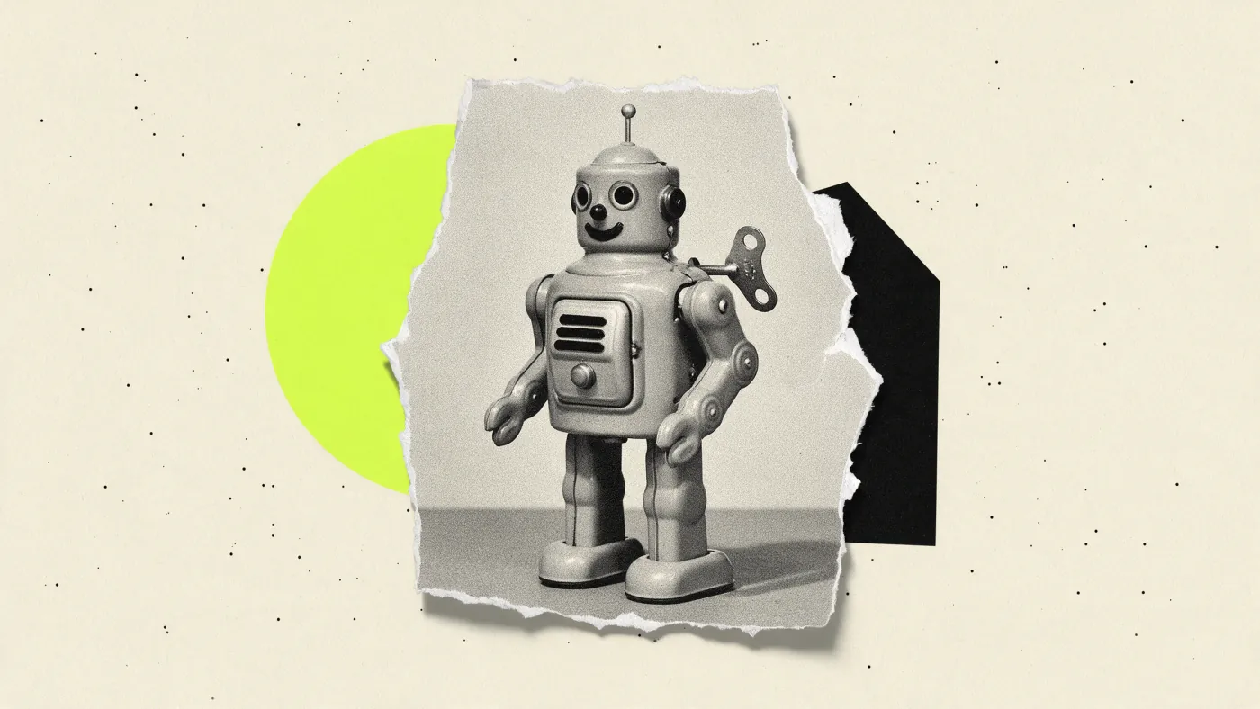 Robô de corda vintage em preto e branco sobre círculo verde-lima, o agente do Framer AI trabalhando no site