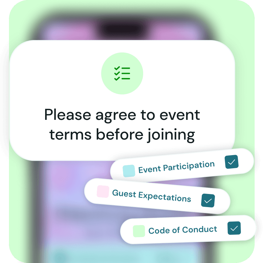 Lounge digital guest waiver screen displaying event participation, emergency medical consent, and code of conduct agreements