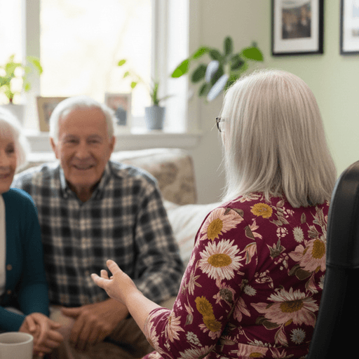 Female care professional engaging in friendly conversation with an older male and female in a bright living room.