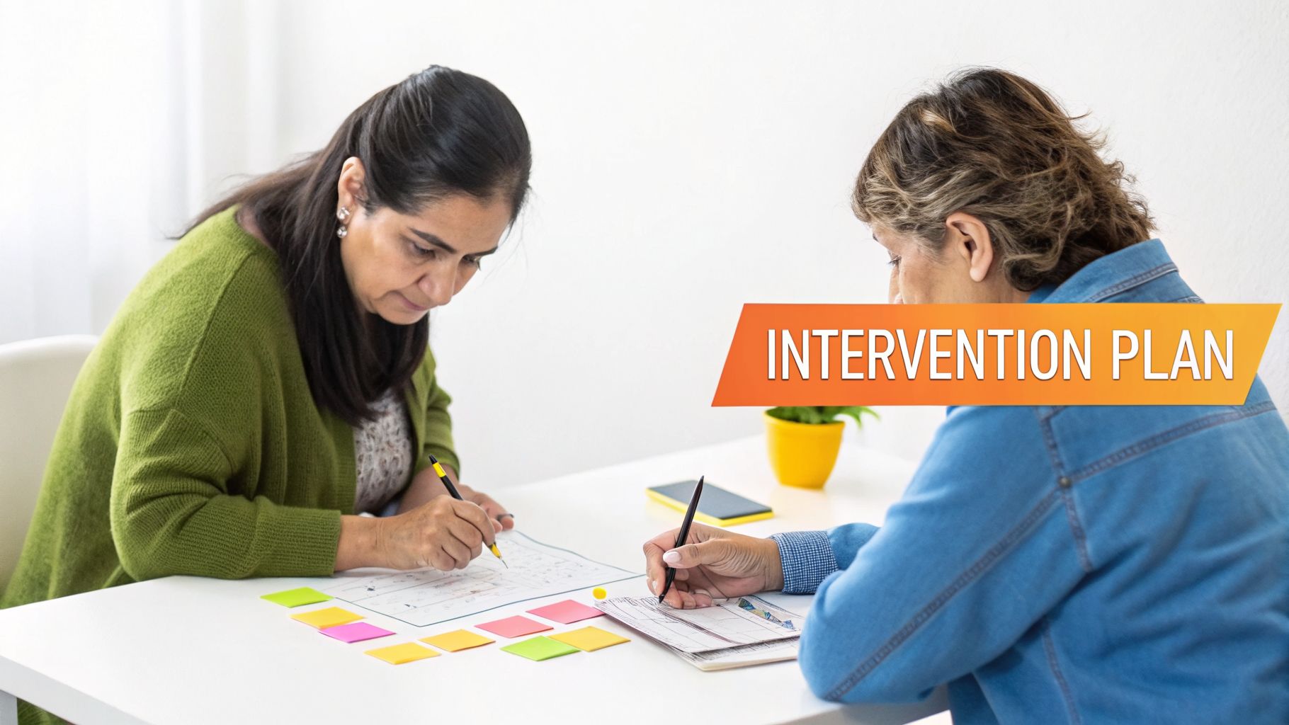 Two women actively engaged in writing and planning an intervention plan at a table with documents and sticky notes.
