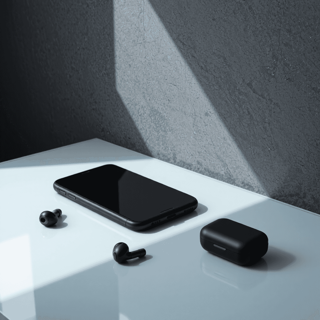 product photography of smartphone and audio accessories