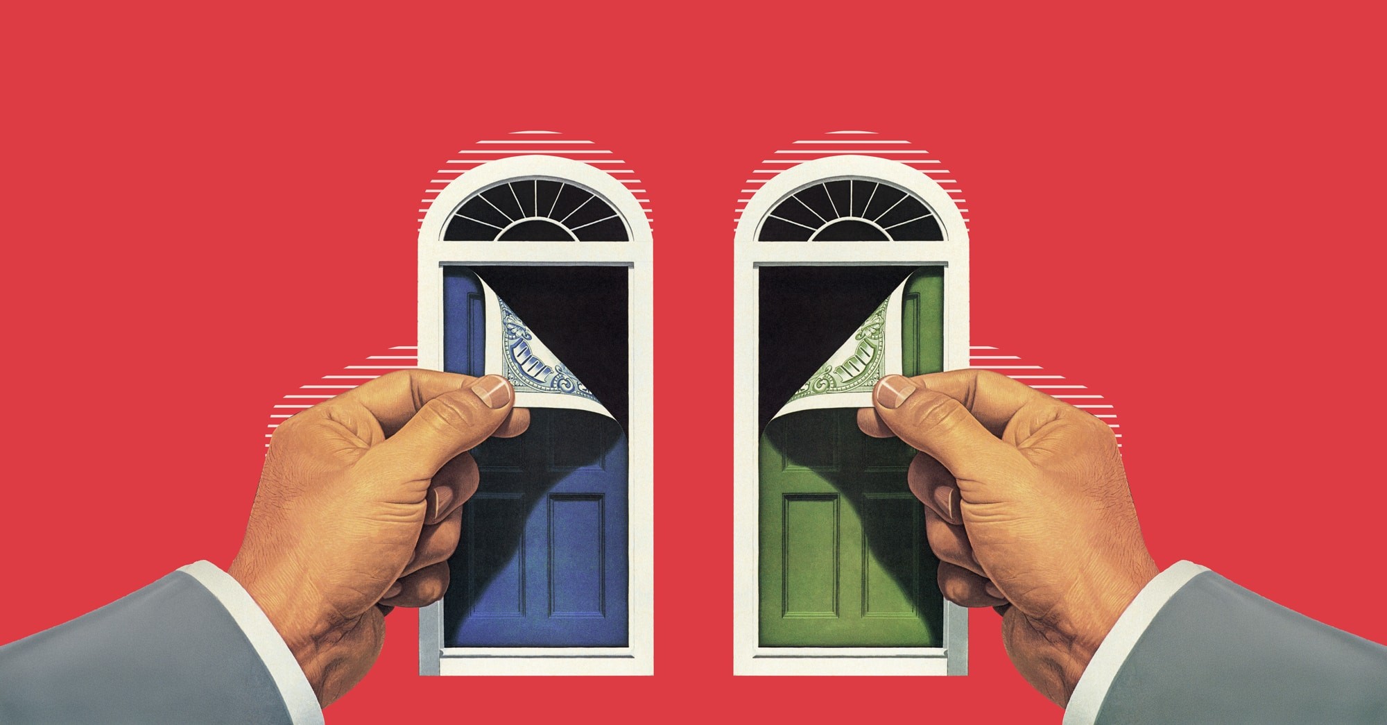 Puertas azules y verdes con billetes de dólar en fondo rojo, manos descubriéndolas.