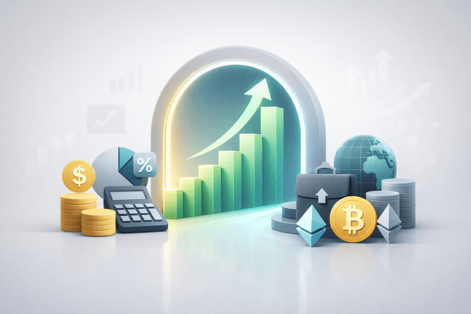 Portal financeiro B2B em 3D com painel minimalista, ícones de pagamentos e faturamento e gráfico de crescimento em fundo claro com gradiente cinza.