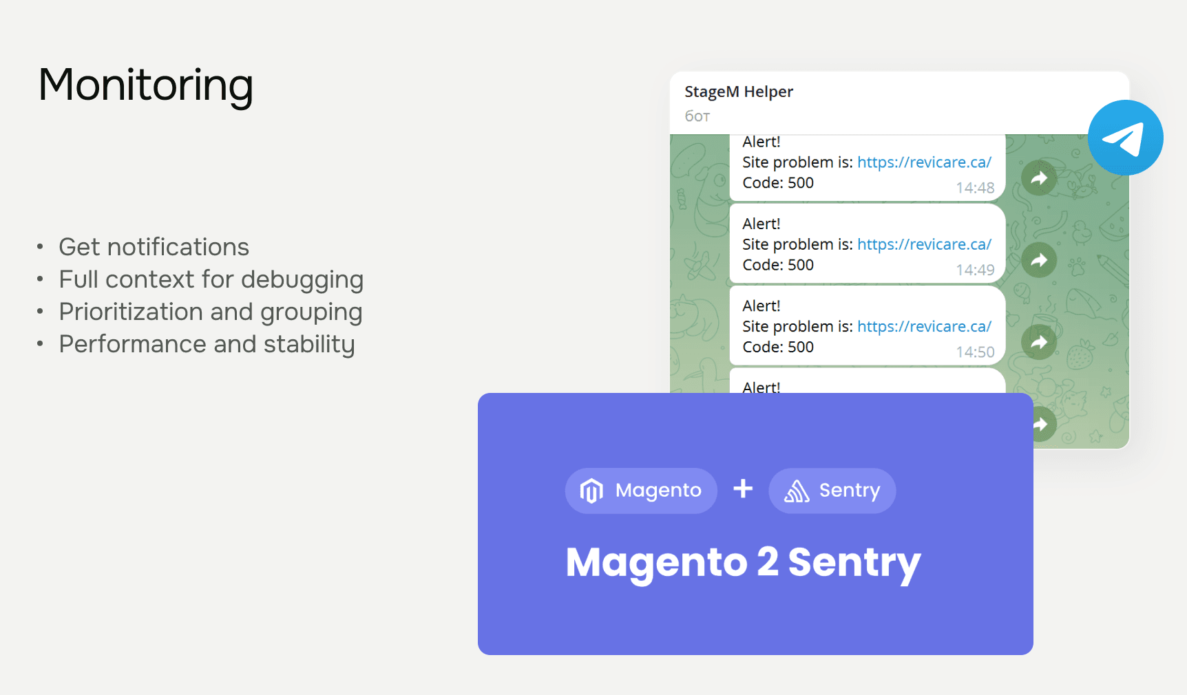 STAGEM Magento 2 monitoring with Sentry integration and Telegram alerts
