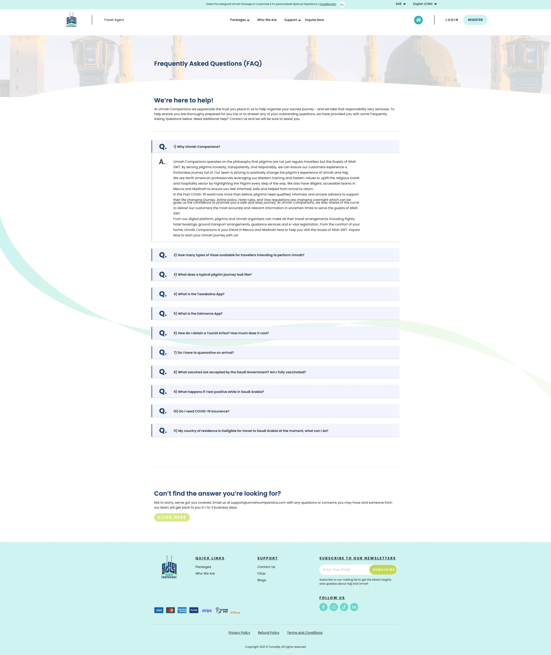 Custom Umrah travel agency FAQS Page designed by Dreams Agency, Mississauga, Ontario.