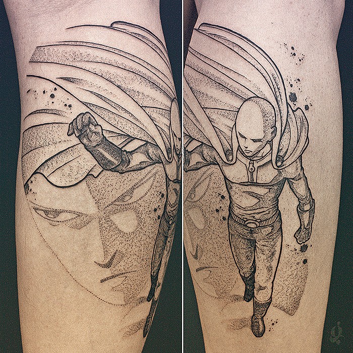 Saitama sur le mollet - Pop Culture, Sketch, Japonais & Asiatique par Julien Joolz à Grinoir Tattoo