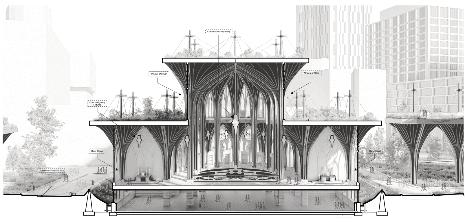 Sectional perspective cutting through the side chapels showing the modular structure.