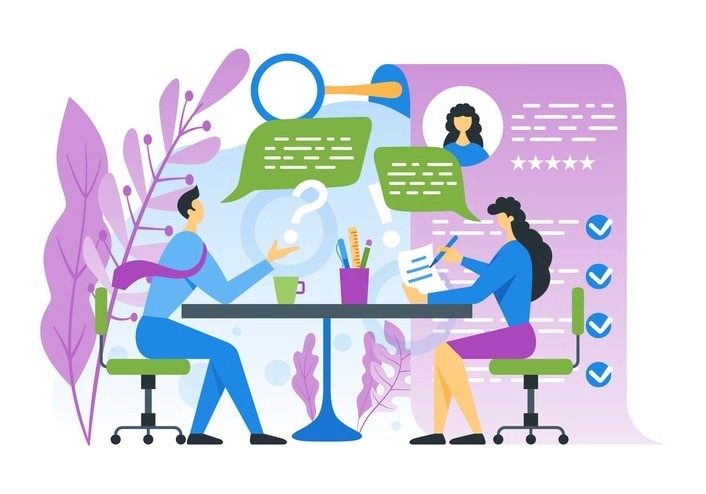 The image depicts a professional interview setting where an interviewer and a candidate are engaged in a conversation, discussing the candidate's personality traits and problem-solving skills. The atmosphere reflects a focus on communication skills and the candidate's ability to fit within the company culture, highlighting the importance of soft skills and emotional intelligence in the hiring process.