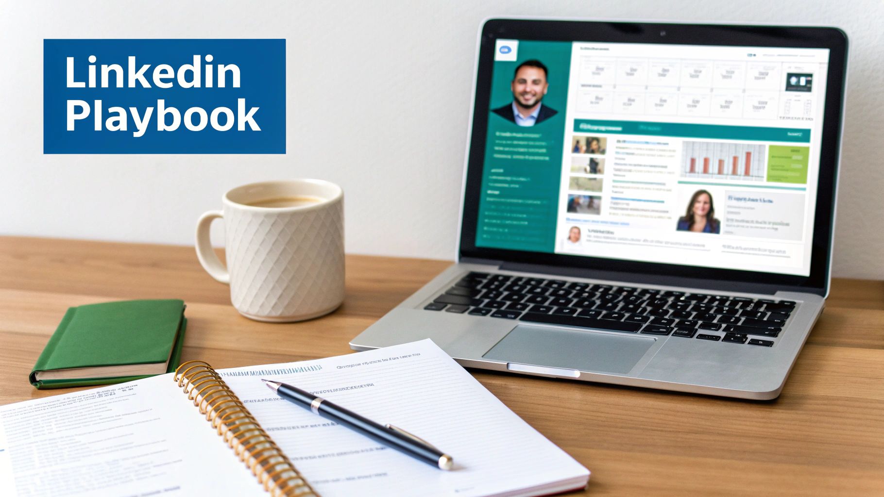 A desk with a laptop displaying a LinkedIn profile, coffee, notebook, and a 'LinkedIn Playbook' sign.
