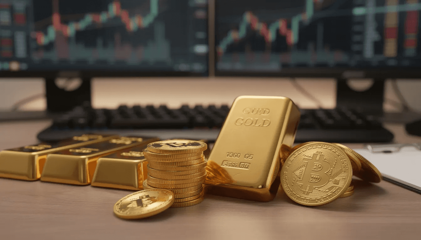 The image depicts an assortment of physical gold coins and bars arranged neatly on a trading desk, highlighting the precious metals market. This visual representation emphasizes the current gold prices and the significance of investing in physical gold in today's financial markets.
