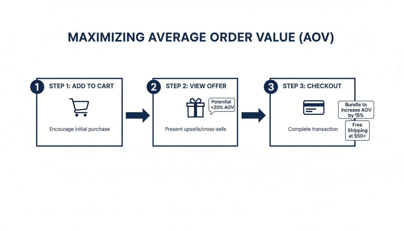 Flowchart illustrating three steps to maximize Average Order Value (AOV) through upsells, cross-sells, and bundling.
