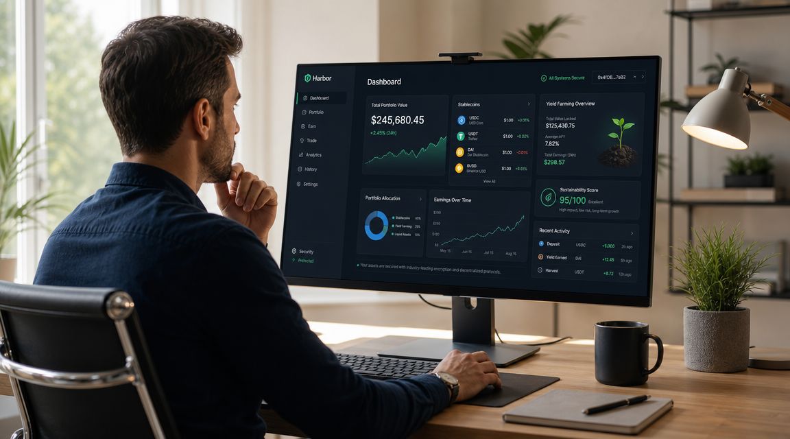 A man sits at a desk viewing a complex cryptocurrency dashboard on a large computer monitor.