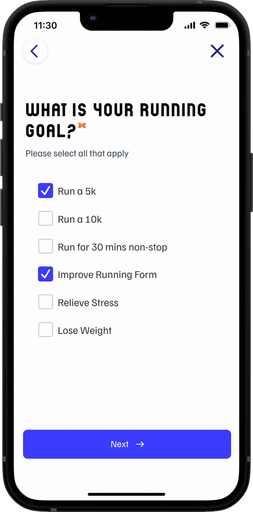 Screen asking user 'What is your Running Goal?